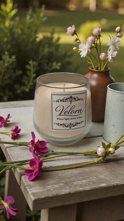 Minimal χειροποίητο κερί σόγιας Velora Candles Sahara με άρωμα βανίλια καρύδα και κεχριμπάρι