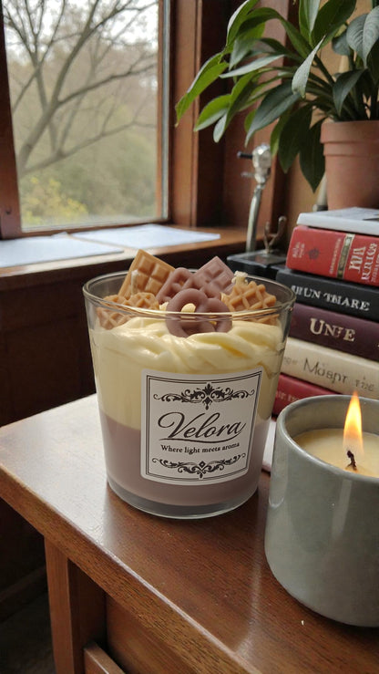 Gourmet χειροποίητο κερί σόγιας Velora Candles Banoffee Bliss με σχέδιο γλυκού μπανάνα και καραμέλα