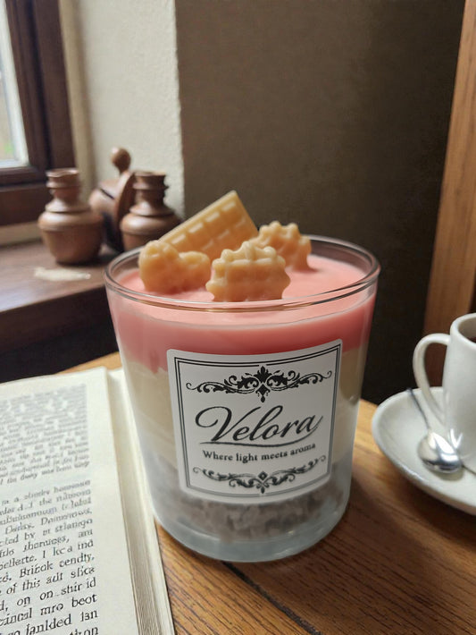 Χειροποίητο κερί σόγιας Velora Candles σχέδιο επιδόρπιο με crumble μπισκότου και άρωμα Lotus Biscoff