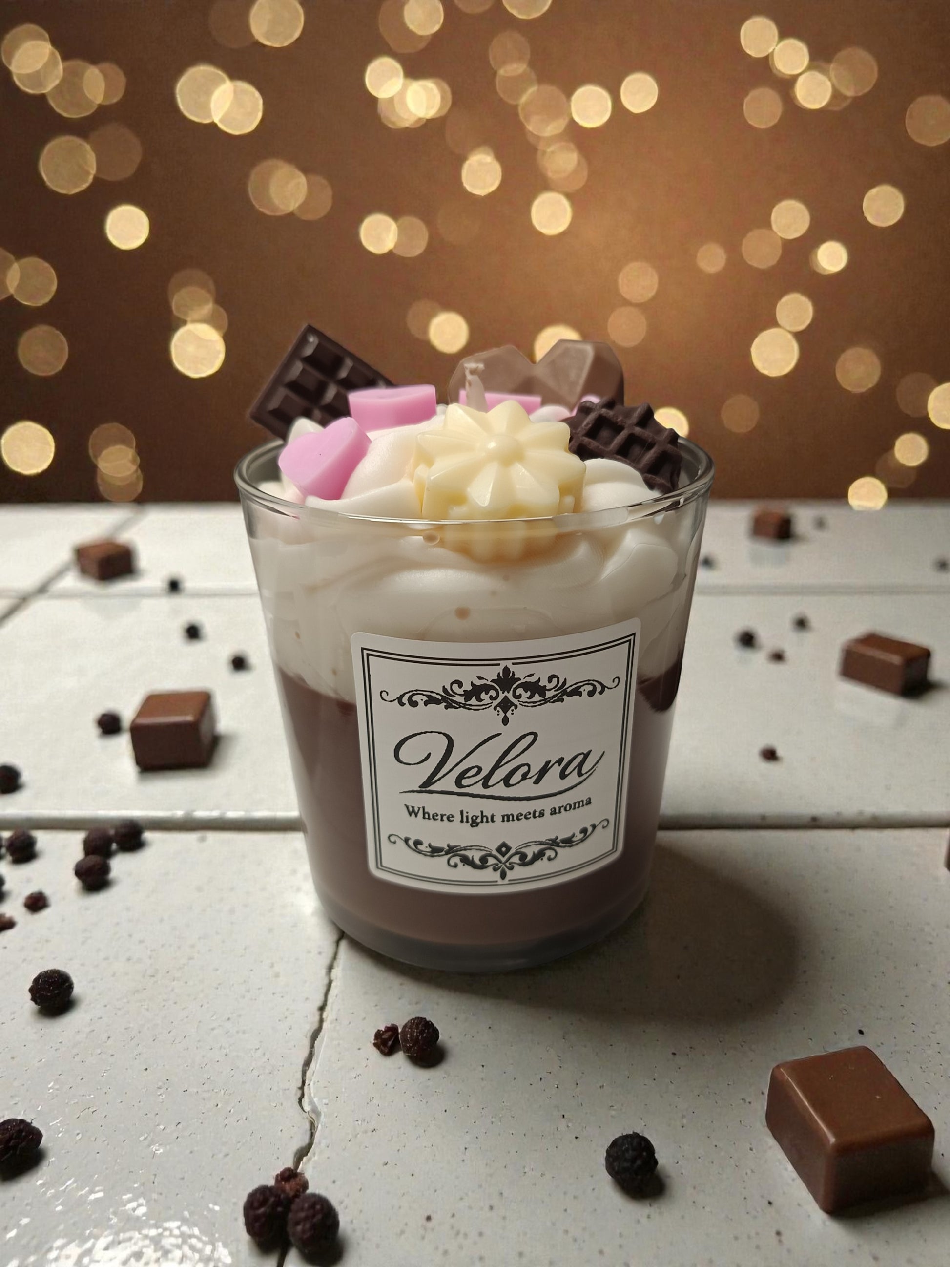 Χειροποίητο κερί σόγιας Velora Candles 350g σχέδιο καπουτσίνο με άρωμα Dolce Cabana και Brownie